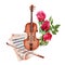 Violin with Bow and Sheet Music decorated with Red Roses. Classical Music composition. Watercolor illustration isolated on white