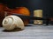 Violin, candle and old beautiful sea shell
