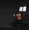 Violin, chair and note stand with music sheets on black background.