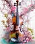 a violin on cherry blossom background