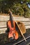 Violin and cowboy hat on a park bench