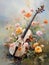 Violin among the flowers. Oil painting in impressionism style