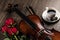 Violin, rose, coffee and music books