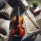 Violin sits on sofa, in home, during practice session