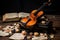 A violin sitting on top of an open book. Generative AI image.