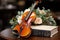 A violin sitting on top of a table next to a book. Generative AI image.