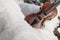 Violin on snow - theme motive Christmas, Xmas, advent. Concept background for music, instrument, winter