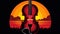 a violin with the sun setting in the background and a person\\\'s hand holding the strings up to the violin\\\'s face