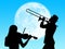 Violin and trumpet players in the moon