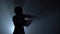 Violinist plays a lyrical work. Black smoke background. Close up. Silhouette