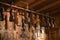 Violins hanging in luthier workshop