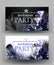 VIP invitation banners with monochrome tropical leaves and goblets of champagne.