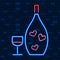 Vip Neon Icons. Night Bright, Glowing Light Banner. Bottle Alcohole Drink With Stemware on Dark Brick Wall Background