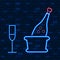 Vip Neon Icons. Night Bright, Glowing Light Banner. Bottle of Champagne With Stemware on Dark Brick Wall Background