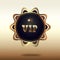 VIP pass in gold setting with a crown. The button is golden with a black background. Vector illustration.