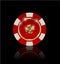 VIP poker red and white chip with golden ring and light effect vector. Black jack poker club casino four-leaf clover emblem