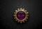 Vip purple label with round golden ring frame crown on black floral background. Dark glossy royal premium template. Vector luxury