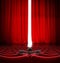 VIP sitting in front of slightly open movie theater red curtain 3d illustration