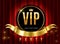 Vip theatre. Golden sign of event premium certificate or card on red luxury curtains for private invitation vector