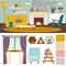 VIP vintage interior furniture rich wealthy house room with sofa set brick wall background vector illustration.