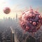 Viral Overload - Twin Giant Viruses Soaring Above a Vast Cityscape Amid Skyscrapers