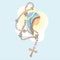 virgin mary and rosary of rose flowers. yellow halo, pale blue cape