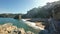 Virgin Mediterranean Beach Steady Cam Flying Over the Cliff Rocks