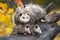 Virginia Opossum Didelphis virginiana and Family On Log Autumn