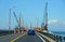 Virginia, U.S - June 29, 2020 - The traffic passing the ongoing construction on Chesapeake Bay Bridge Tunnel in the summer