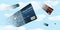 Virtual credit cards are seen pixelated and flying into clouds and blue sky in this illustration about digital credit cards or clo