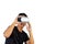 Virtual Experience. Excited Wearing VR Headset, Touching Air While Playing Video Game on white background