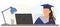 Virtual graduation. Graduate girl is sitting at desk in front of laptop and attending at online graduation. Vector illustration