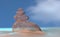 Virtual imagine wireframe stones balance on beach, sunrise 3d illustration