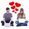 Virtual love concept - teenage boy and girl sitting with compute