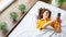 Virtual love - woman lies in bed with cell phone. Online call to virtual boyfriend.