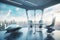 virtual meeting room with view of futuristic city and flying cars