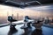 virtual meeting room with view of futuristic city and flying cars