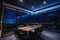 a virtual meeting room with a view of the night sky, stars twinkling