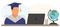 Virtual online graduation. Graduate boy is sitting at desk in front of laptop at home in graduation ceremony. Vector illustration