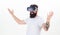 Virtual presentation. Man bearded hipster VR glasses white background. Interactive surface virtual reality. Guy with