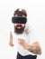 Virtual race. Man bearded gamer VR glasses white background. Virtual reality game concept. Cyber sport. Guy with head