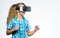 Virtual reality concept. Kid explore modern technology virtual reality. Virtual education for school pupil. Girl cute