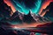 Virtual reality landscape with a mesmerizing aurora borealis and icy mountains as the backdrop