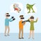 Virtual reality. Man with a gun and girl wearing virtual reality glasses in the Mesozoic jungle. Adventures among