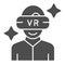 Virtual reality mask on a guy solid icon. Vr glasses and man vector illustration isolated on white. Vr headset glyph