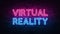 Virtual reality neon sign for decoration design. Glowing neon banner. Vr headset. Black background. Vr goggles. Vr glasses. 3d