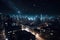 virtual reality simulation of nighttime cityscape, with lit skyscrapers and starry sky