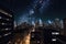 virtual reality simulation of nighttime cityscape, with lit skyscrapers and starry sky