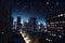 virtual reality simulation of nighttime cityscape, with lit skyscrapers and starry sky