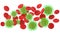 Virus in blood. Coronavirus in blood. Concept illustration. Blood cells and coronavirus isolated on white background. 3D-rendering